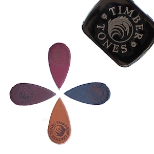 Teardrop Shaped Leather Picks for Ukulele or Bass Guitar - Black, Brown, Whiskey & Cognac Leather in a Gift Tin - Timber Tones