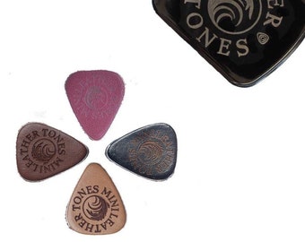 Mini Leather Picks for Ukulele or Bass Guitar - Black, Tan, Whiskey & Cognac Leather in a Gift Tin - Timber Tones