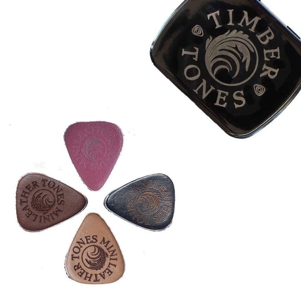 Mini Leather Picks for Ukulele or Bass Guitar - Black, Tan, Whiskey & Cognac Leather in a Gift Tin - Timber Tones