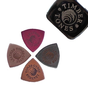 Triangle Shaped Leather Picks for Ukulele or Bass Guitar - Black, Tan, Whiskey & Cognac Leather in a Gift Tin - Timber Tones