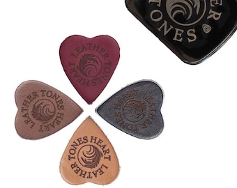 4 Heart Shaped Leather Picks for Ukulele or Bass Guitar - Black, Brown, Whiskey & Cognac Leather in a Gift Tin - Timber Tones