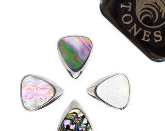 Jazz III Titanium and Shell Inlay Mini Guitar Picks in a Gift Tin