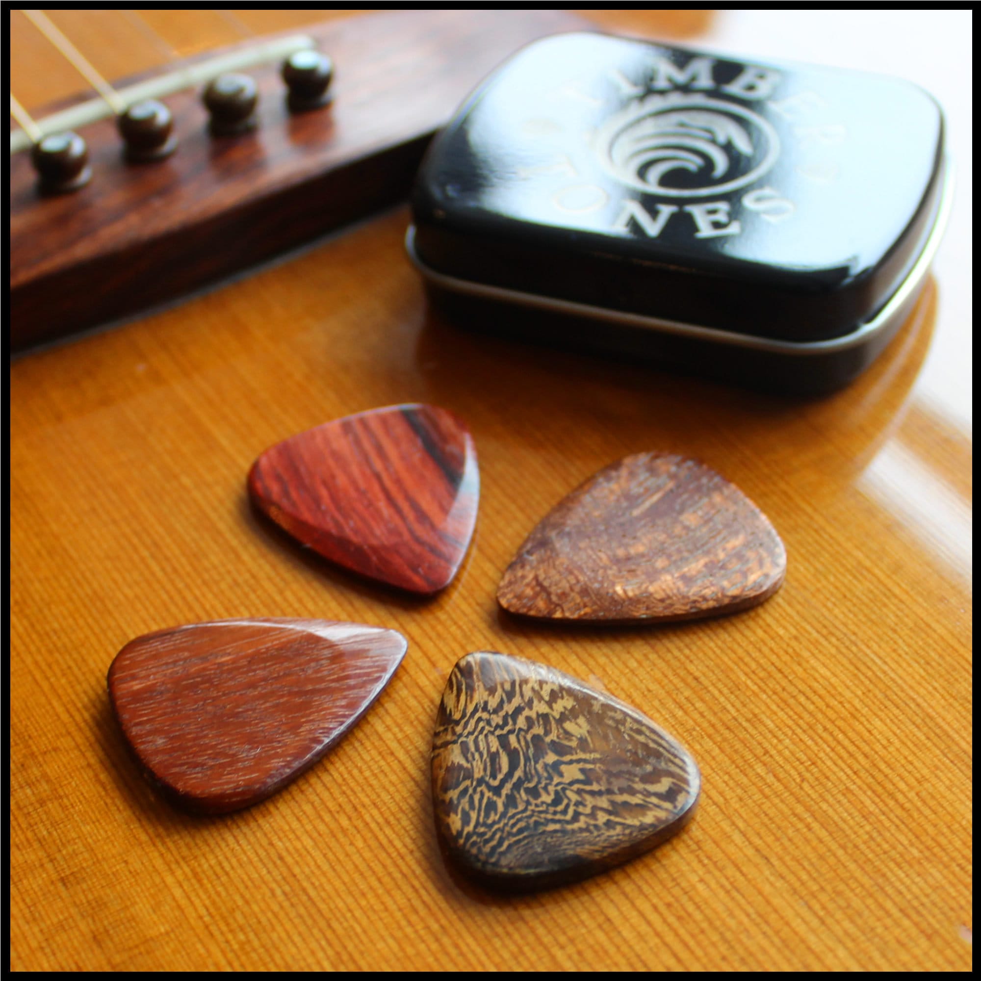 4  Acoustic Guitar Exotic Timber Tones Guitar Picks - Personalisation and Gift Box Options