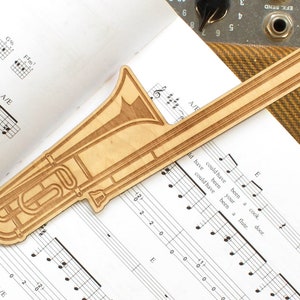 Trombone Shaped Wooden Bookmark | Laser Engraved Birch Plywood | Music Lover Reading Gift