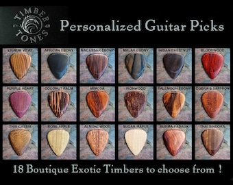 Timber Tones Exotic Timber Custom Guitar Pick - U kunt personalisatie toevoegen - 18 prachtige houtsoorten en 4 geschenkdozen om uit te kiezen