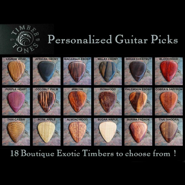 Timber Tones Exotic Timber Custom Guitar Pick - You can add Personalisation - 18 beautiful woods and 4 gift boxes to choose from
