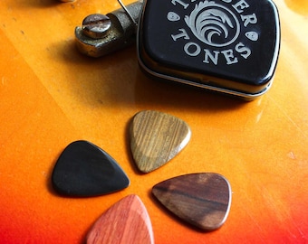 4 Electric Guitar Exotic Timber Tones Guitar Picks in a Gift Tin