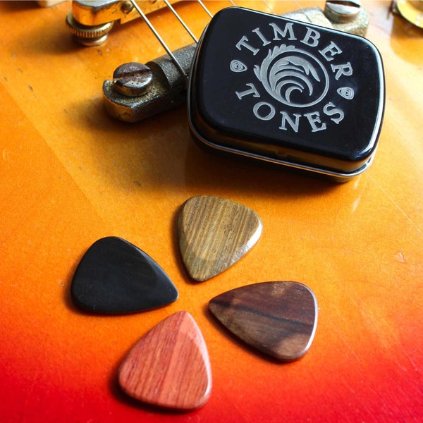 4 Electric Guitar Exotic Timber Tones Guitar Picks in a Gift Tin