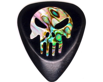 African Ebony & Green Abalone Punisher Skull Guitar Pick | Luxury Custom Plectrum
