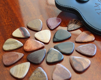 18 Exotic Timber Tones Guitar Picks in a Beautiful Leather Wallet - These picks can be customised with a personal message