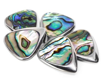 Titanium Jazz III Guitar Pick with Green Abalone Inlay | Premium Metal Plectrum