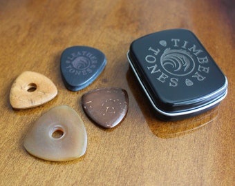 4 Bass Guitar Picks in a Gift Tin - Leather, Horn, Teak & Coconut - Timber Tones