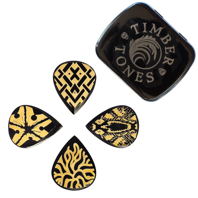 Laser Etched Buffalo Horn Guitar Picks in a Gift Tin Sharp shape Boutique Guitar Plectrums Timber Tones No, I like the Tin