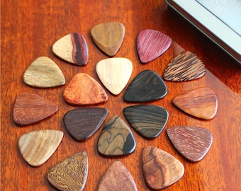18 Exotic Timber Guitar Picks | Personalized Wood Plectrums in Gift Tin for Musicians