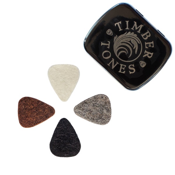 Mini Ukulele Picks - Brown, Grey, Black  and Natural High Density Wool Felt - 4 in a Gift Tin - Timber Tones