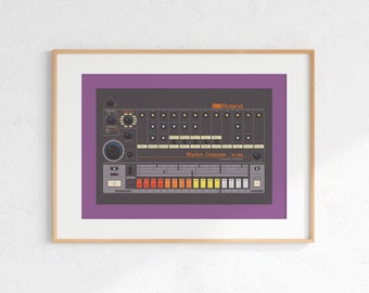 Roland TR-808 drummachine digitale print, retro synth DJ muziek posterontwerp, producer muziekstudio kunst aan de muur, download - paarse achtergrond