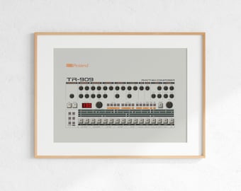 Roland TR-909 Drum Machine Digital Print, Retro Synth DJ Music Poster Design, Producer Music Studio Wall Art, Download - Grey Background