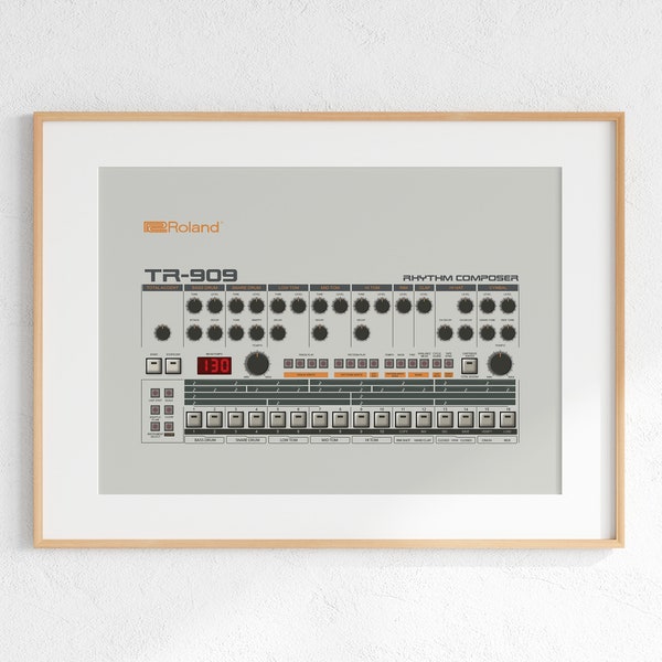 Roland TR-909 Drum Machine Digital Print, Retro Synth DJ Music Poster Design, Producer Music Studio Wall Art, Download - Grey Background
