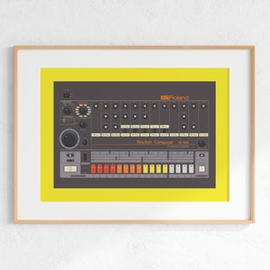Roland TR-808 Drum Machine Digital Print, Retro Synth DJ Music Poster Design, Producer Music Studio Wall Art, Download - Yellow Background