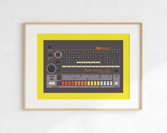 Roland TR-808 Drum Machine Digital Print, Retro Synth DJ Music Poster Design, Producer Music Studio Wall Art, Download - Yellow Background