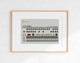 Roland TR-909 Drum Machine Digital Print, Retro Synth DJ Music Poster Design, Producer Music Studio Wall Art, Download - White Background