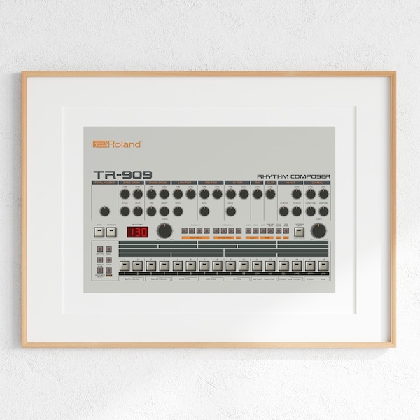 Roland TR-909 Drum Machine Digital Print, Retro Synth DJ Music Poster Design, Producer Music Studio Wall Art, Download - White Background