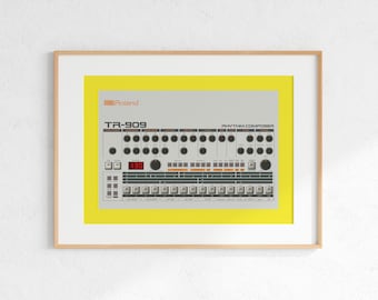 Roland TR-909 Drum Machine Digital Print, Retro Synth DJ Music Poster Design, Producer Music Studio Wall Art, Download - Yellow Background