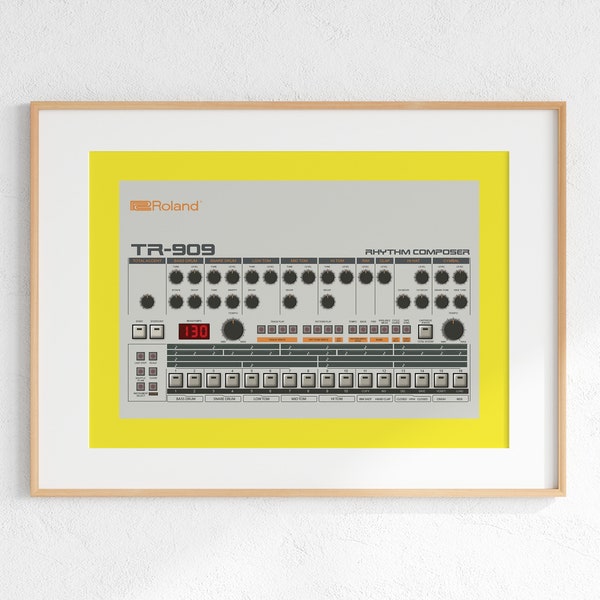 Roland TR-909 Drum Machine Digital Print, Retro Synth DJ Music Poster Design, Producer Music Studio Wall Art, Download - Yellow Background