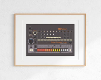 Roland TR-808 Drum Machine Digital Print, Retro Synth DJ Music Poster Design, Producer Music Studio Wall Art, Download - White Background