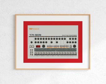 Roland TR-909 Drum Machine Digital Print, Retro Synth DJ Music Poster Design, Producer Music Studio Wall Art, Download - Red Background