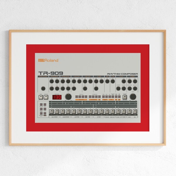 Roland TR-909 Drum Machine Digital Print, Retro Synth DJ Music Poster Design, Producer Music Studio Wall Art, Download - Red Background