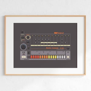 Roland TR-808 Drum Machine Digital Print, Retro Synth DJ Music Poster Design, Producer Music Studio Wall Art, Download - Grey Background