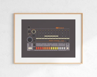 Roland TR-808 Drum Machine Digital Print, Retro Synth DJ Music Poster Design, Producer Music Studio Wall Art, Download - Grey Background