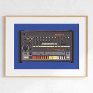 Roland TR-808 Drum Machine Digital Print, Retro Synth DJ Music Poster Design, Producer Music Studio Wall Art, Download - Blue Background