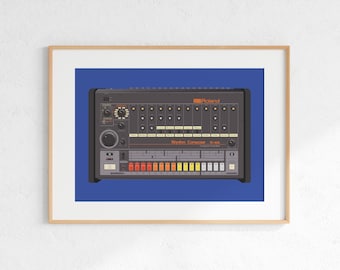Roland TR-808 Drum Machine Digital Print, Retro Synth DJ Music Poster Design, Producer Music Studio Wall Art, Download - Blue Background