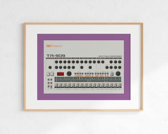 Roland TR-909 Drum Machine Digital Print, Retro Synth DJ Music Poster Design, Producer Music Studio Wall Art, Download - Purple Background