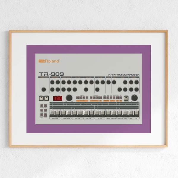 Roland TR-909 Drum Machine Digital Print, Retro Synth DJ Music Poster Design, Producer Music Studio Wall Art, Download - Purple Background