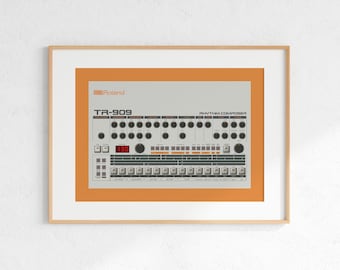 Roland TR-909 Drum Machine Digital Print, Retro Synth DJ Music Poster Design, Producer Music Studio Wall Art, Download - Orange Background