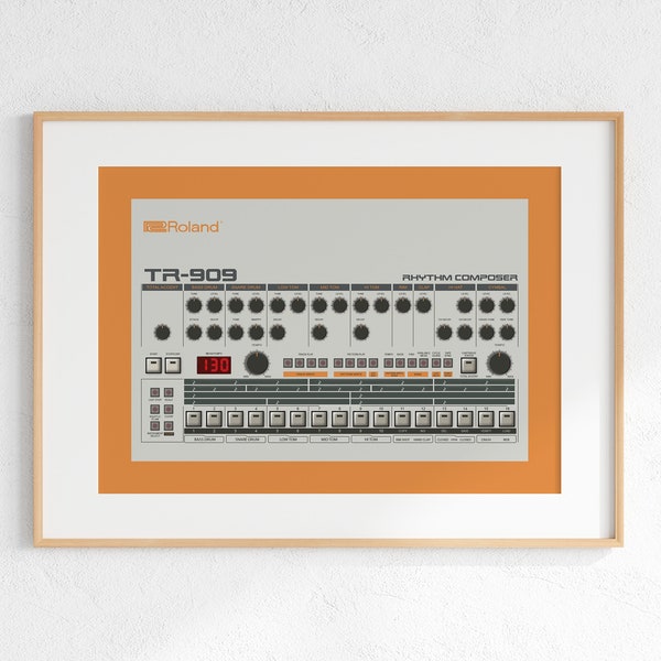 Roland TR-909 Drum Machine Digital Print, Retro Synth DJ Music Poster Design, Producer Music Studio Wall Art, Download - Orange Background