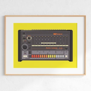 Roland TR-808 Drum Machine Digital Print, Retro Synth DJ Music Poster Design, Producer Music Studio Wall Art, Download - Yellow Background