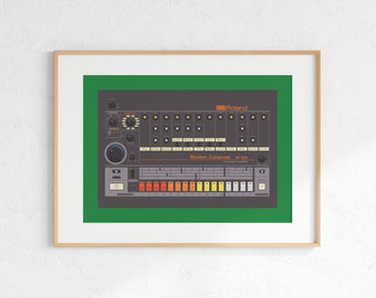 Roland TR-808 drummachine digitale print, retro synth DJ muziek posterontwerp, producer muziekstudio kunst aan de muur, download - groene achtergrond