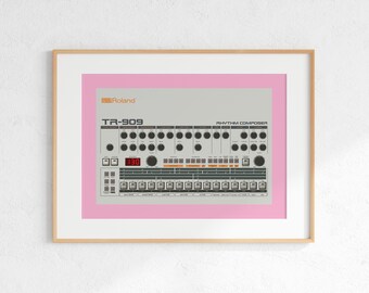 Roland TR-909 Drum Machine Digital Print, Retro Synth DJ Music Poster Design, Producer Music Studio Wall Art, Download - Pink Background