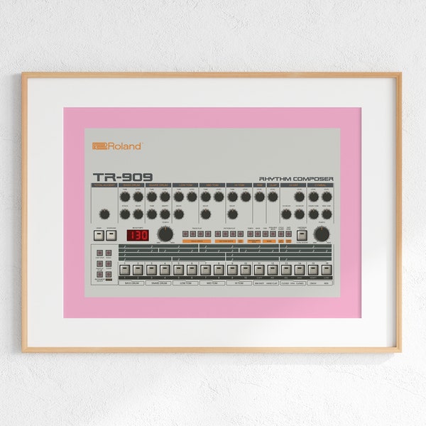 Roland TR-909 Drum Machine Digital Print, Retro Synth DJ Music Poster Design, Producer Music Studio Wall Art, Download - Pink Background