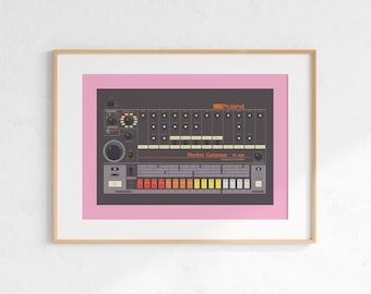 Roland TR-808 drummachine digitale print, retro synth DJ muziek posterontwerp, producer muziekstudio kunst aan de muur, download - roze achtergrond