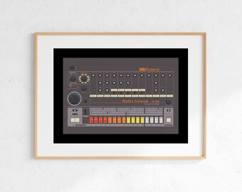 Roland TR-808 Drum Machine Digital Print, Retro Synth DJ Music Poster Design, Producer Music Studio Wall Art, Download - Black Background