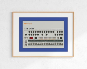 Roland TR-909 trummaskin digitaltryck, retro synth DJ-musikaffischdesign, väggkonst för producentmusikstudio, nedladdning - blå bakgrund