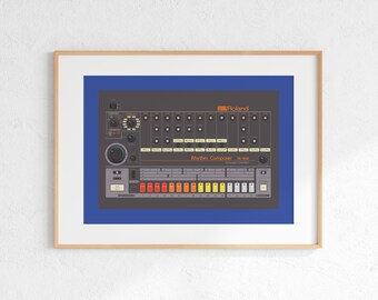 Roland TR-808 Drum Machine Digital Print, Retro Synth DJ Music Poster Design, Producer Music Studio Wall Art, Download - Blue Background