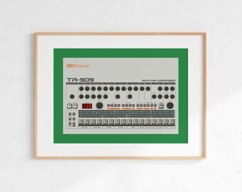 Roland TR-909 Drum Machine Digital Print, Retro Synth DJ Music Poster Design, Producer Music Studio Wall Art, Download - Green Background