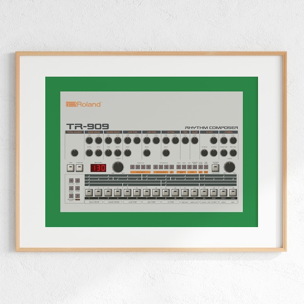 Roland TR-909 Drum Machine Digital Print, Retro Synth DJ Music Poster Design, Producer Music Studio Wall Art, Download - Green Background