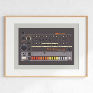 Roland TR-808 Drum Machine Digital Print, Retro Synth DJ Music Poster Design, Producer Music Studio Wall Art, Download - Grey Background